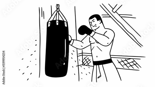 Boxing training punching bag workout illustration for fitness and exercise black and white line art style