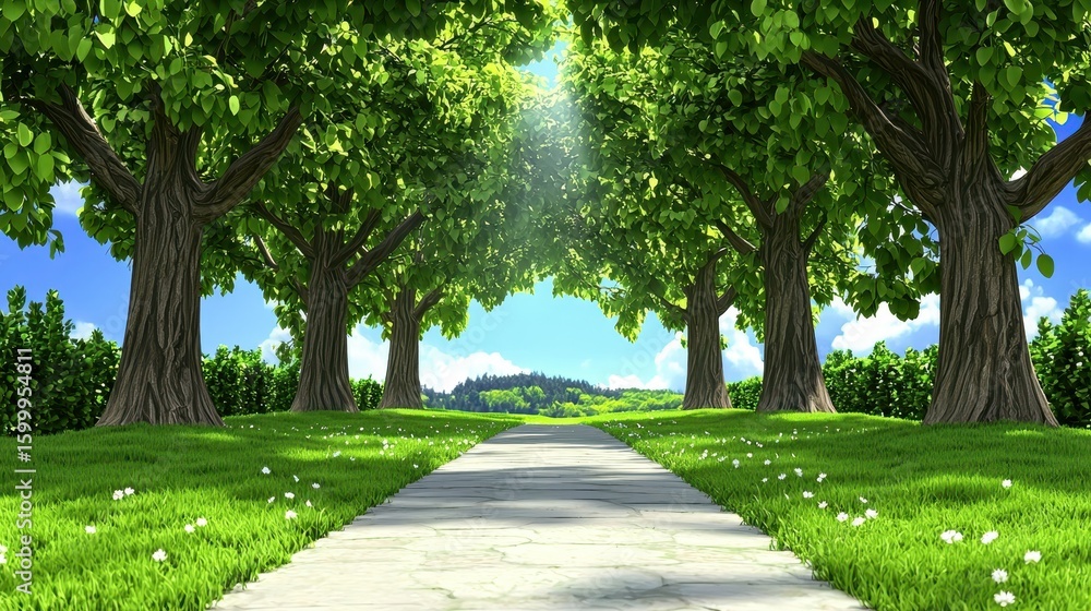 Obraz premium Sunlit Path Through Lush Green Trees and Grassy Fields