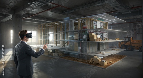 Man Wearing Vr Headset Interacting with Architectural Model in Industrial Space