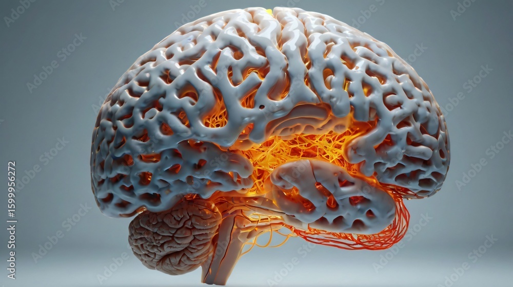 Fototapeta premium Digital illustration of a highly detailed human brain with exposed internal neural structures, tangled neurons, and glowing synapses to depict mental overload, burnout, or stress.