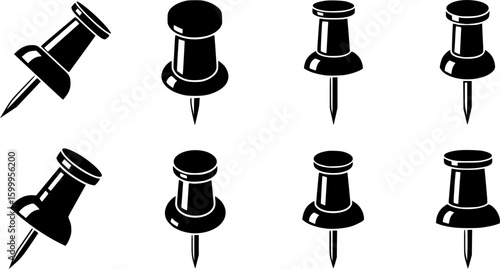A collection of six black push pin vector silhouettes isolated on white