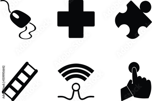 Black and white icons representing technology and abstract concepts set of silhouettes