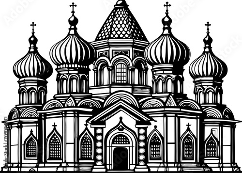Majestic Black and White Russian Orthodox Church Illustration