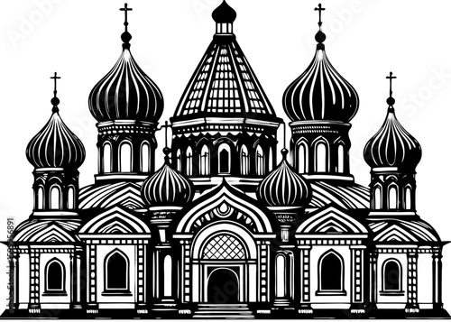 Majestic Black and White Russian Orthodox Church Illustration