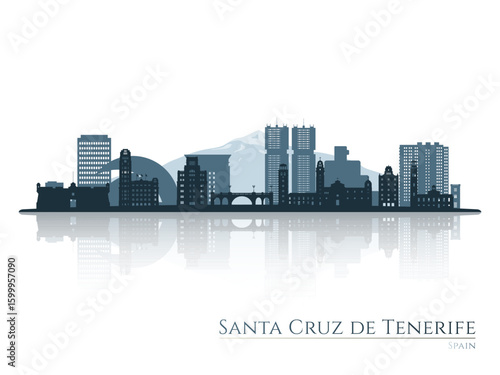 Santa Cruz de Tenerife skyline silhouette with reflection. Landscape Santa Cruz de Tenerife, Spain. Vector illustration.