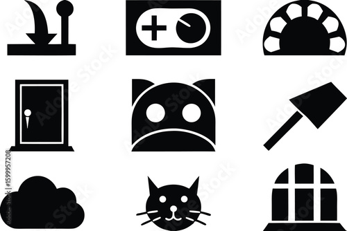 Black and white icons set featuring diverse objects and creatures set of silhouettes