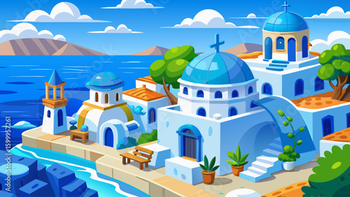 Playful cartoon of a Greek island home with blue domes and whitewashed walls overlooking the sea
