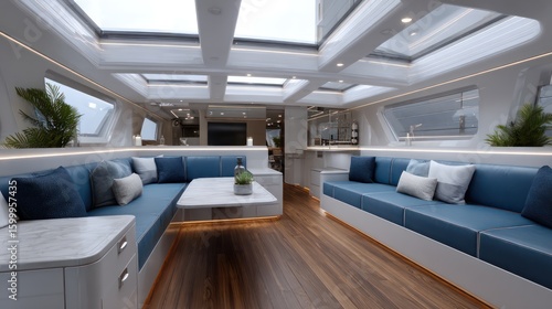 Space yacht interior in platinum white and nautical navy with reflective hardwood flooring overhead light diffusion and mirror-finish consoles
