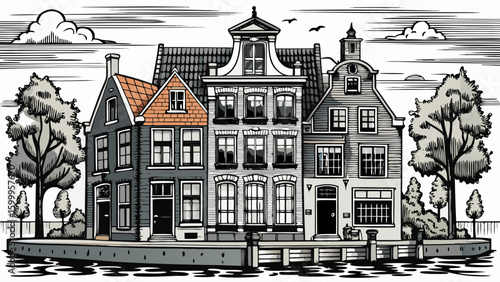 Hand-drawn black-and-white ink illustration of a Dutch canal house with narrow façade and tall vertical windows