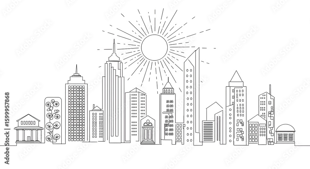 Fototapeta premium A minimalist line art illustration of a modern city skyline with diverse architectural styles, bathed in the bright rays of a stylized sun.