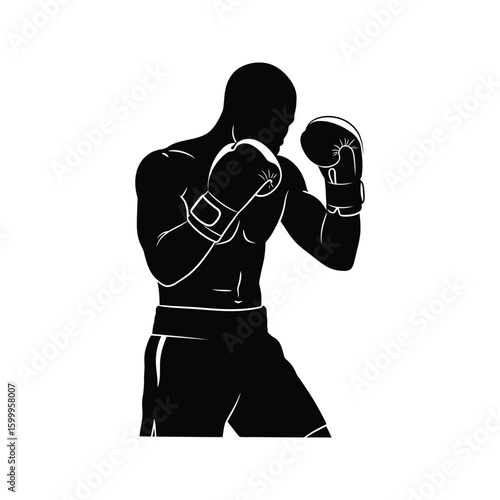 Silhouette of a Boxer in Fighting Stance Boxing Gloves Black and White Vector Illustration
