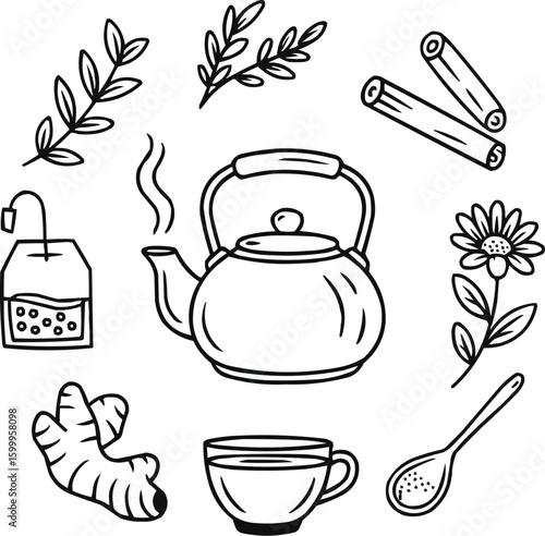 Relaxing Tea Ritual Icons   Minimalist Line Art for Holistic Beverage Culture