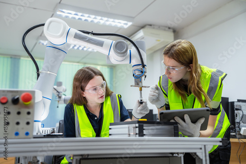 Two women in yellow vests are working on a robot. Concept of Industry 4.0 with diverse engineers collaborating on automation technology.