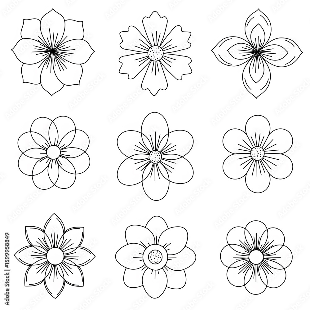 Obraz premium A Collection of Nine Beautiful Hand-Drawn Flower Illustrations in Various Designs and Shapes