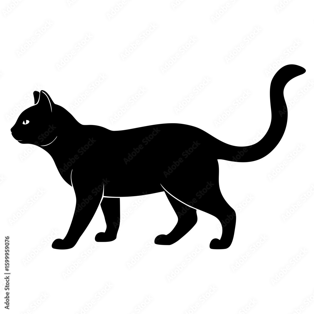 Obraz premium Black Cat Silhouette Vector, Walking Cat Icon SVG, Editable Halloween Animal Clipart, Logo Ready Pet Graphic, Print-Ready Design, Clean Lines, High Quality Isolated Cat Illustration