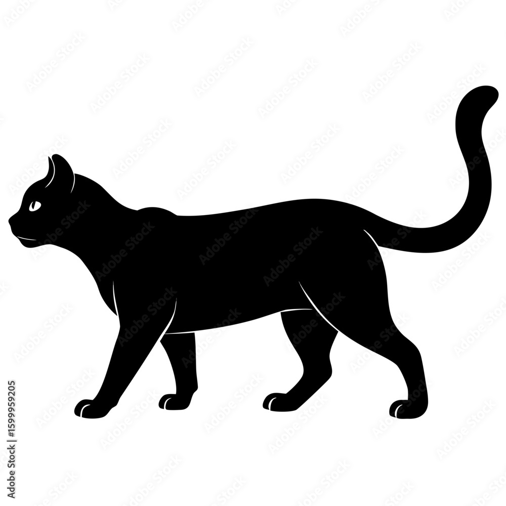 Obraz premium Black Cat Silhouette Vector, Walking Cat Icon SVG, Editable Halloween Animal Clipart, Logo Ready Pet Graphic, Print-Ready Design, Clean Lines, High Quality Isolated Cat Illustration