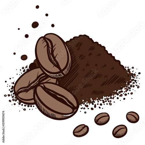Hand Drawn Coffee Beans With Ground Coffee For Coffee Packaging Design