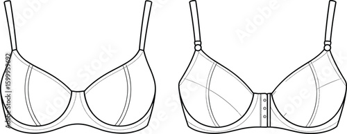Bra design, fashion illustration, technical drawing, lingerie sketch, adjustable straps, front and back view, garment details, clothing pattern, sewing reference