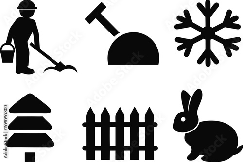 Black and white simple icons man digging snowflake tree fence rabbit set of silhouettes