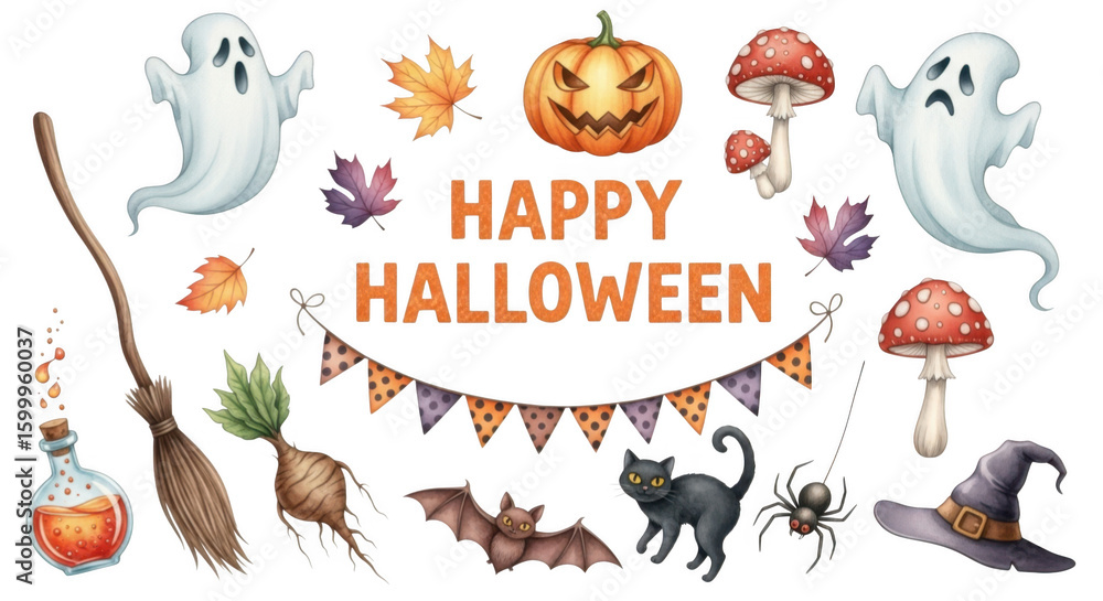 Naklejka premium Happy halloween with festive decorations like ghosts, pumpkins, bats, and witch hats isolated on transparent background