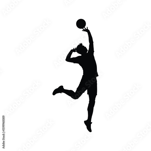 Silhouette of a male volleyball player making a powerful spike dynamic action pose isolated on white background