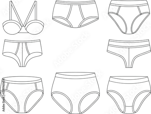 Vector flat sketch of women underwear set, panties and bra design, fashion technical drawing, lingerie template for apparel design