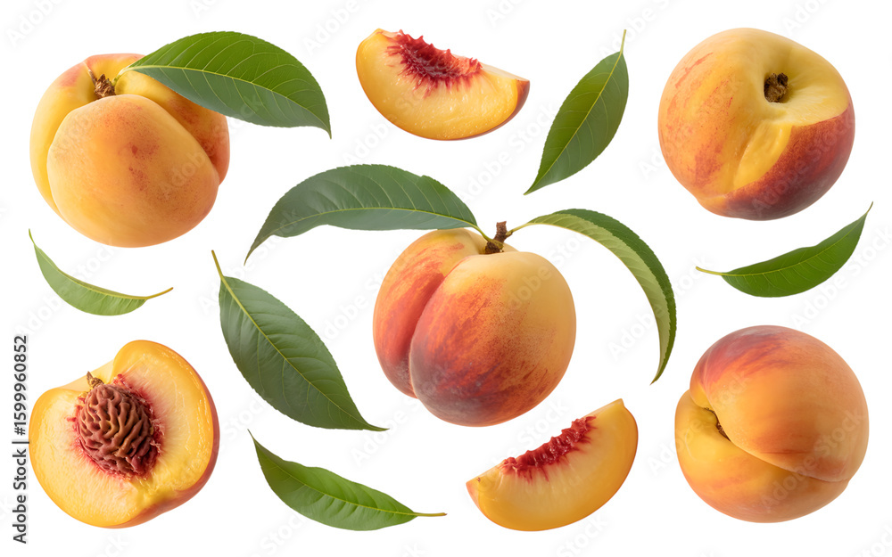 Obraz premium set of peach fruit with half slice and green leaves isolated on transparent white background