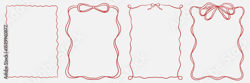 Set of hand-drawn frames with wavy lines, bows and ribbons. Minimalist line art borders for wedding invitation, birthday invitation, anniversary and social media template.