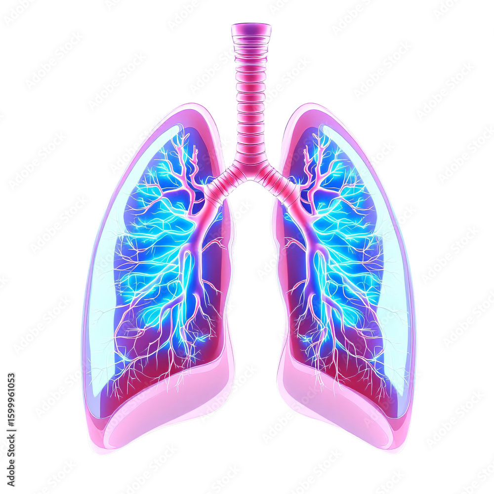 Illustration of human lungs with trachea and bronchi in vibrant blue and pink on black background Illustration of human lungs with trachea and bronchi in vibrant blue and pink on black background