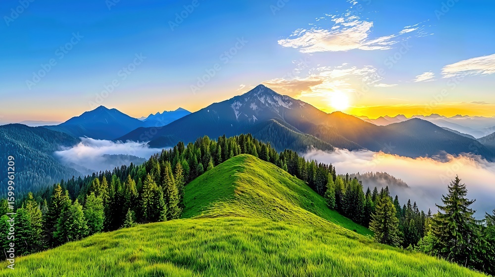 Fototapeta premium Sunrise Over Lush Green Mountains and Clouds