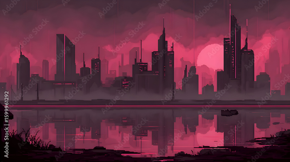 Fototapeta premium cityscape with glowing neon wires and holographic buildings stretching into the horizon