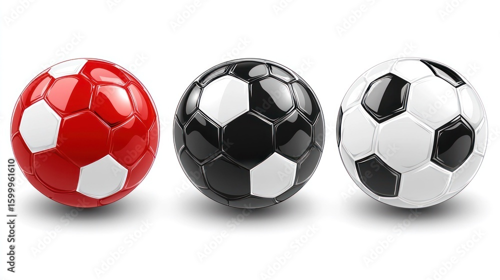 Glossy Soccer Balls: Red, Black, and White Glossy Soccer Balls: Red, Black, and White