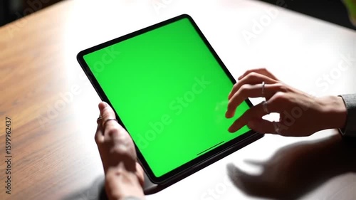 A person's hands interacting with a tablet device with a green screen display.