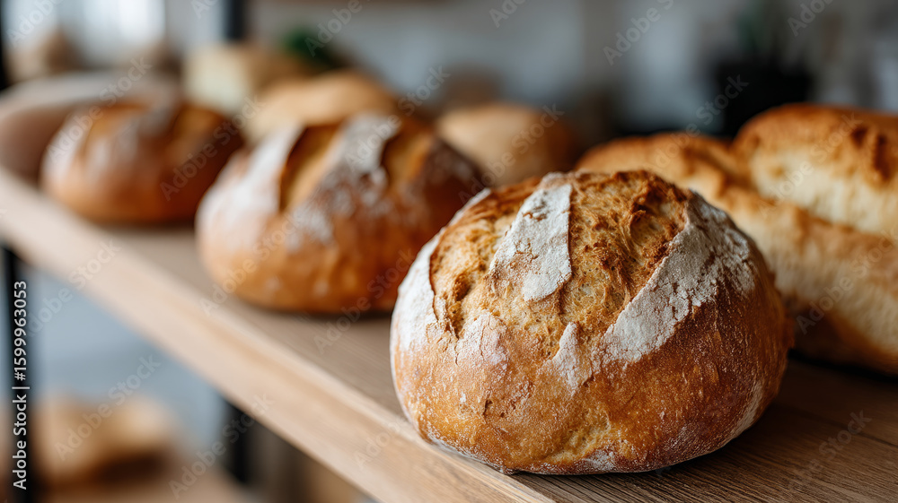 Freshly baked loaves of bread on a wooden shelf in a bakery. Freshly baked loaves of bread on a wooden shelf in a bakery.