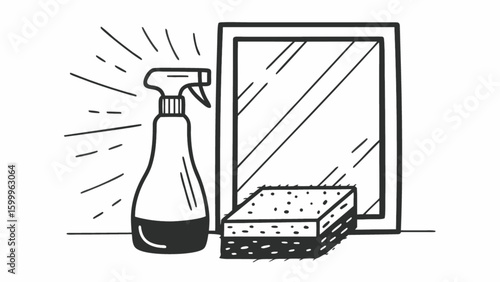 Mirror cleaning service illustration with spray bottle and sponge for household chores and maintenance