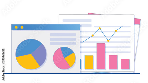 Illustration showing two computer windows displaying a pie chart and a bar graph for data analysis