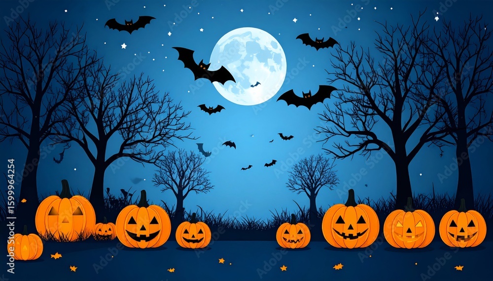 Fototapeta premium Spooky Halloween night with bats and an evil, scary pumpkin design, perfect for an October celebration background illustration
