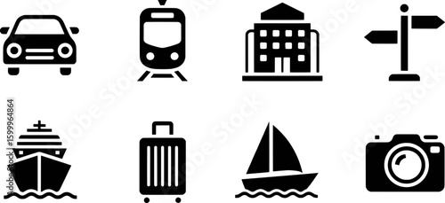 Transportation and travel icons including car train building signpost cruise ship luggage sailboat camera