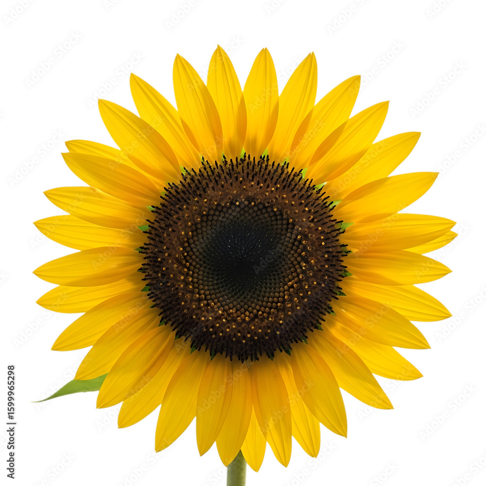 Fototapeta premium Bright yellow sunflower head with dark center isolated on transparent background