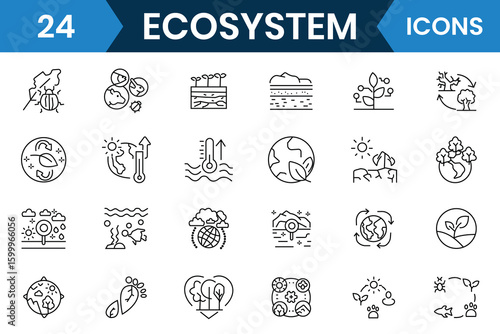 Ecosystem or ecology line icons vector set. Linear icon collection set ecology, sustainable future, recycling, green energy, nature and more environment related icon. Vector illustration.