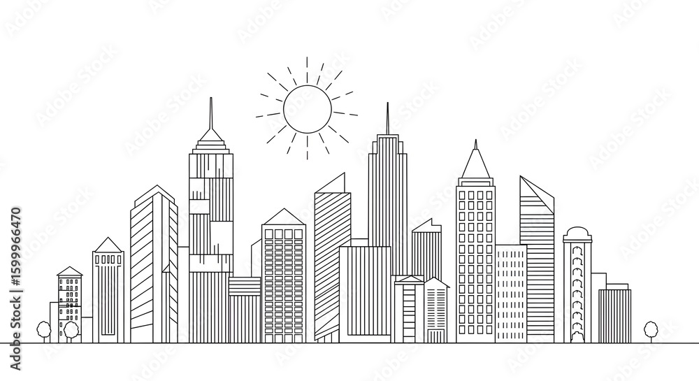 Fototapeta premium A minimalist line drawing depicts a modern city skyline with various tall buildings under a stylized sun.
