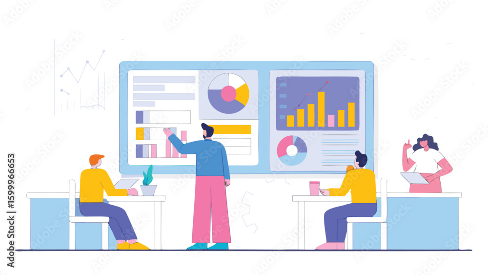 Illustration of a business presentation with charts and graphs and four people in a meeting room Illustration of a business presentation with charts and graphs and four people in a meeting room