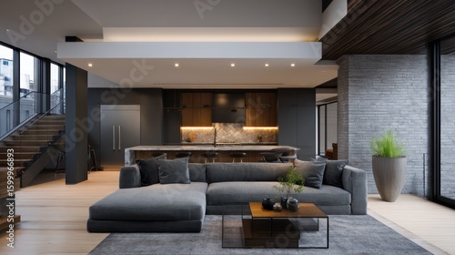Wide-open loft with gray brick, brushed nickel fixtures, and top-down LED panels creating soft ambient glow, natural steel-blue grading,
