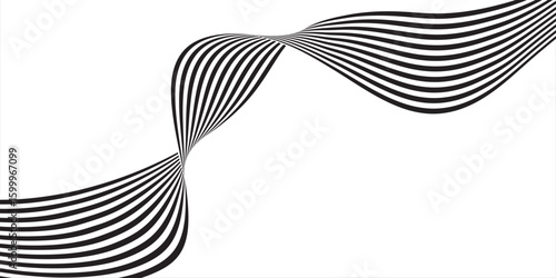 Black on white abstract perspective line wave stripes with 3d dimensional effect isolated on white.