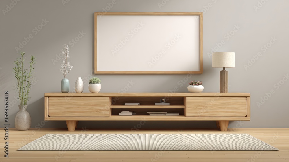 Light-filled modern living room with wooden media console and blank picture frame Light-filled modern living room with wooden media console and blank picture frame