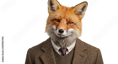 Fox Head in Tweed Suit Anthropomorphic Animal Portrait.