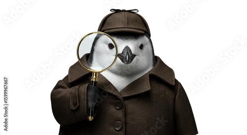Penguin Detective with Magnifying Glass and Coat.