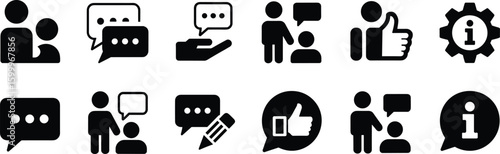 Communication and interaction icon set, digital messaging symbols, social media elements, user interface design graphics, feedback and support visuals, collaborative exchange illustration template vec