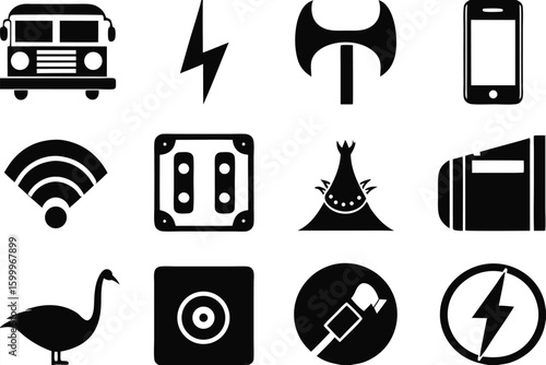 Diverse collection of black and white graphic elements set of icons