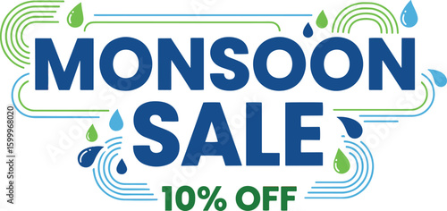 
A banner advertising a "MONSOON SALE 10% OFF," featuring bold blue and green text with abstract rain and ripple effects, evoking a fresh and watery theme.